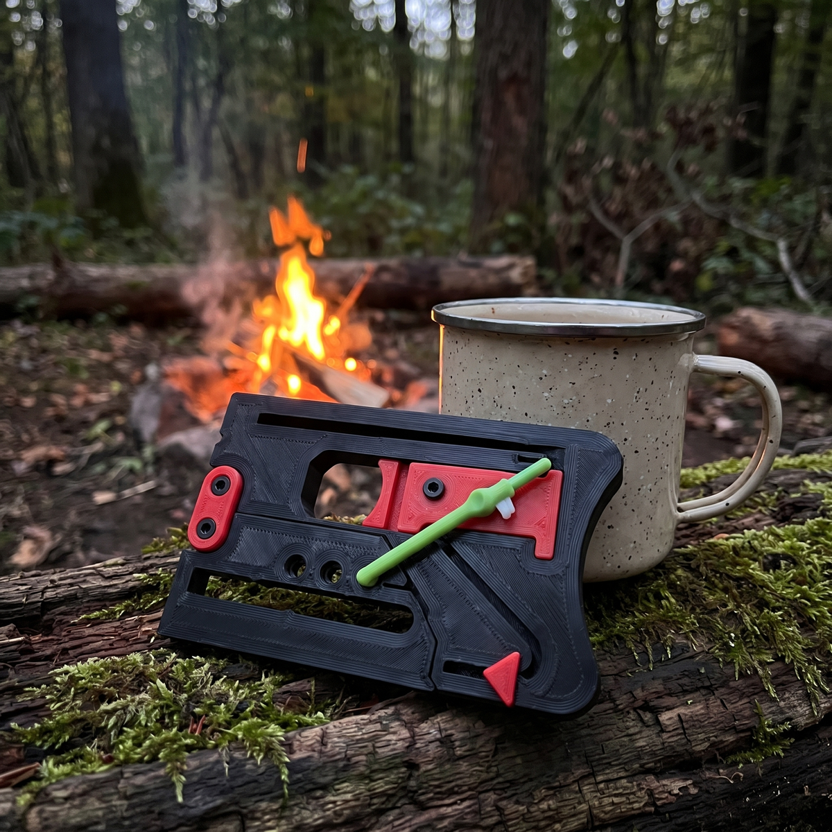 Black Sling Pop card slingshot at a campsite