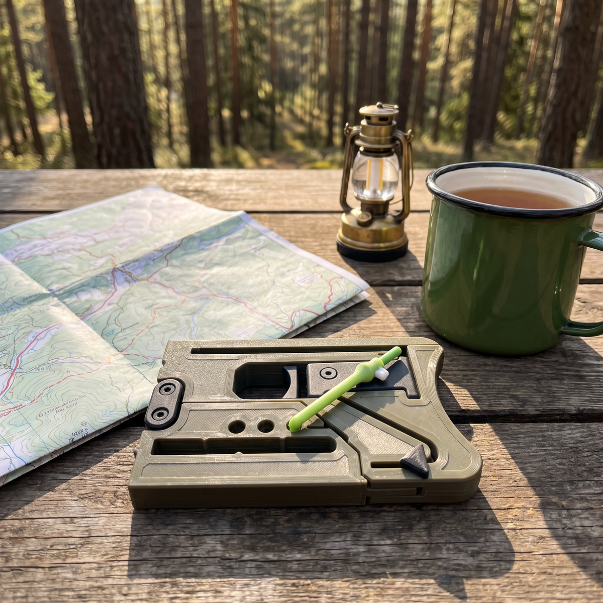 Olive Sling Pop card slingshot on a camp table
